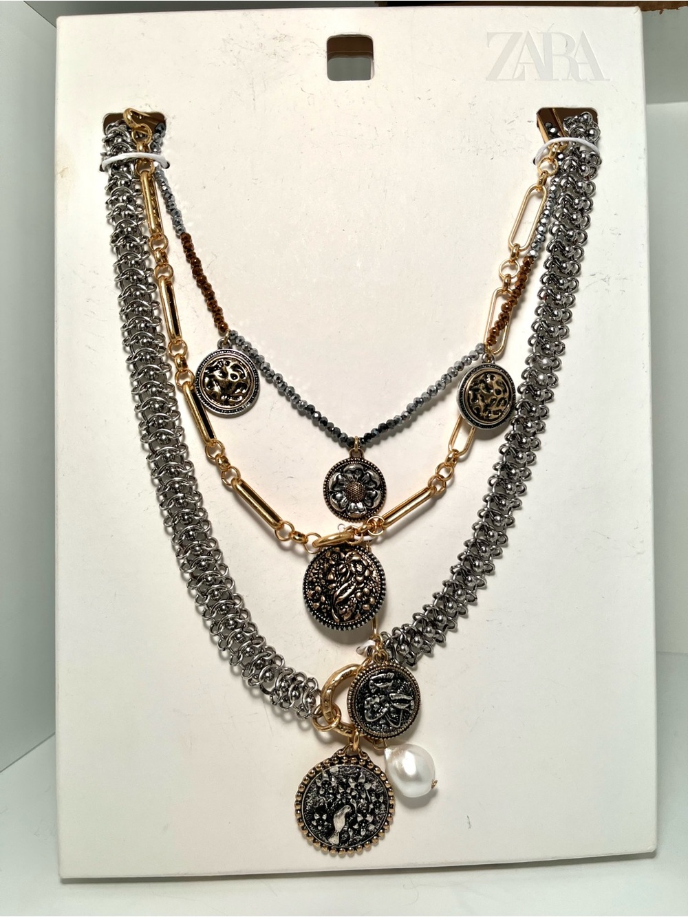 Zara Set of 3 Chains With Medallions Golden/Silver Charm Floral Bird Faux Pearl - Picture 5 of 5